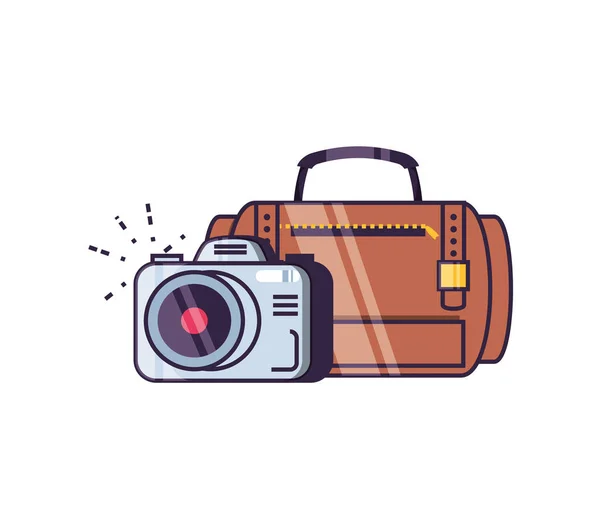 Reiskoffer apparatuur met camera fotografisch — Stockvector