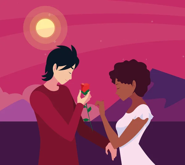 Hombre dando flor una mujer romántico — Vector de stock