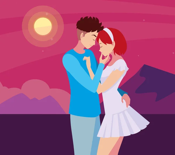 Pareja romántica abrazo sol paisaje — Vector de stock