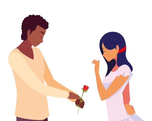 Άνθρωπος δίνοντας λουλούδι μια γυναίκα ρομαντική — Διανυσματικό Αρχείο