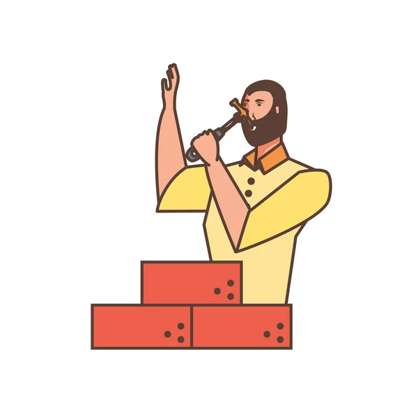 Ouvrier construction homme avec briques et marteau — Image vectorielle