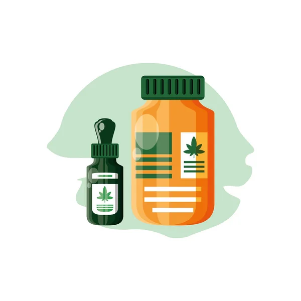 Gotero de cannabis con botellas de productos — Vector de stock