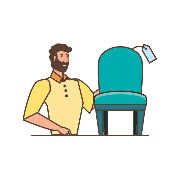 Jeune homme fort avec chaise et étiquette de prix — Image vectorielle