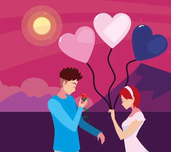 Casal amor balão flor romântico —  Vetores de Stock