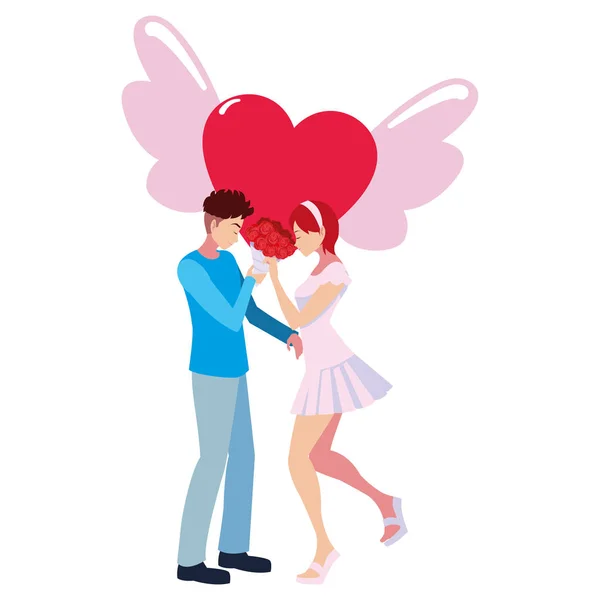 Ζευγάρι ρομαντικά λουλούδια καρδιά αγάπη φτερά — Διανυσματικό Αρχείο