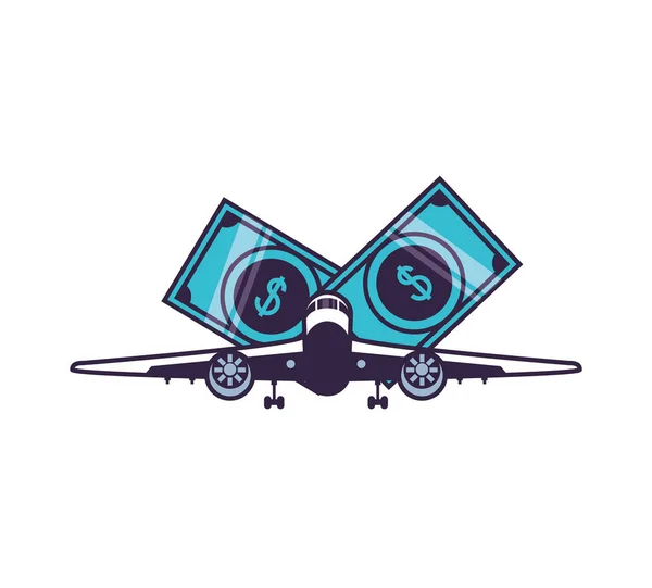 Avião voando veículo com contas de dólares —  Vetores de Stock