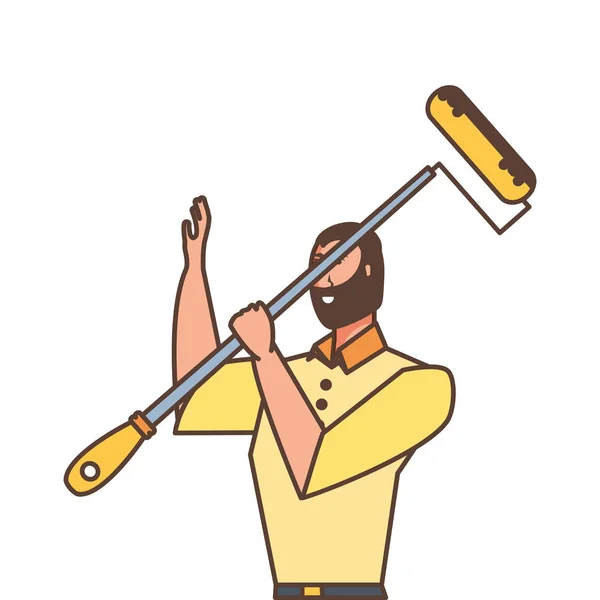 Ouvrier construction homme avec rouleau peinture — Image vectorielle