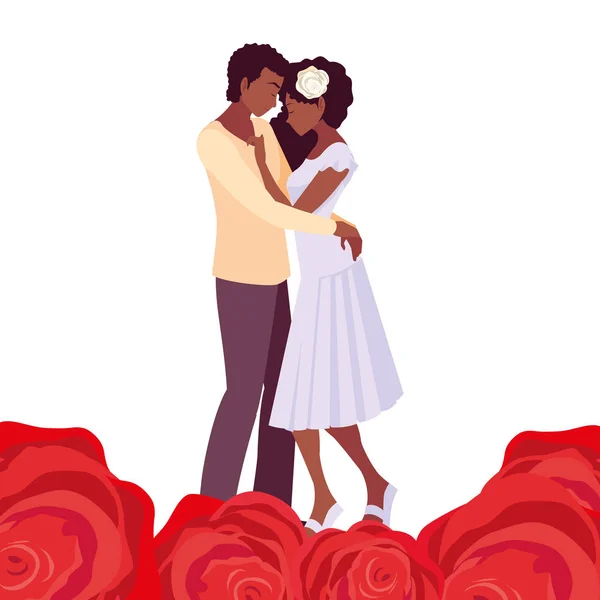 Pareja romántica abrazando flores rosas — Vector de stock