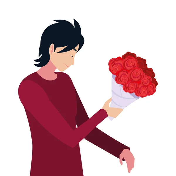 Hombre romántico con ramo de flores — Vector de stock