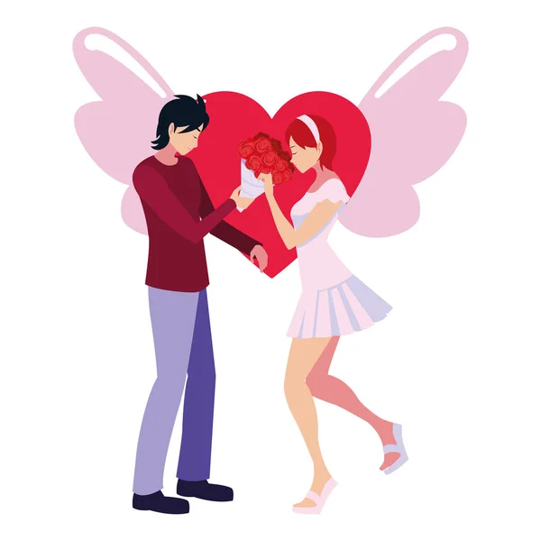 Couple romantique fleurs coeur amour ailes — Image vectorielle
