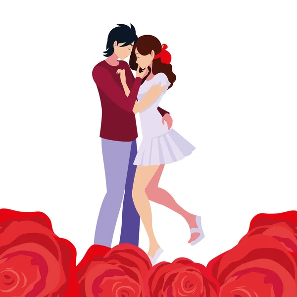 Casal romântico abraçando flores rosas — Vetor de Stock