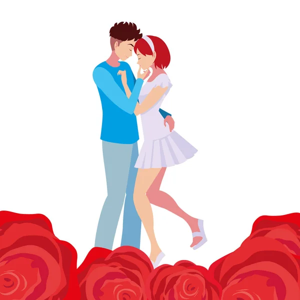 Pareja romántica abrazando flores rosas — Vector de stock