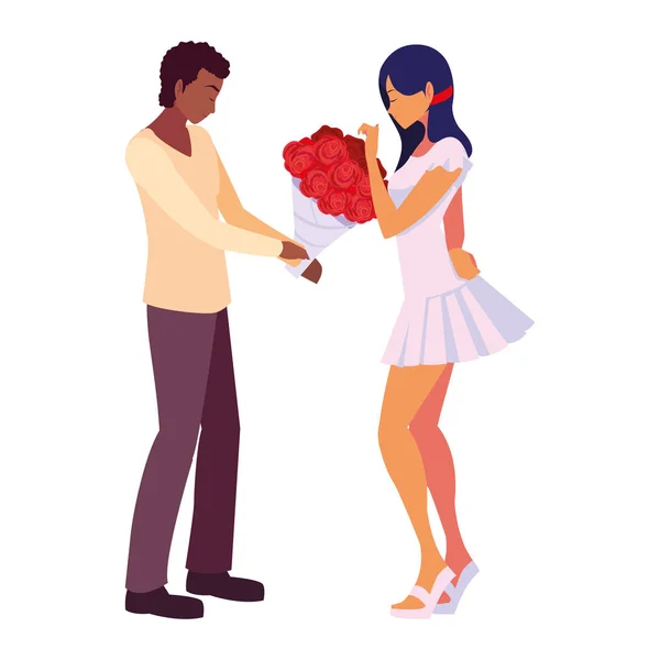 Homem romântico dando flor de buquê para mulher —  Vetores de Stock