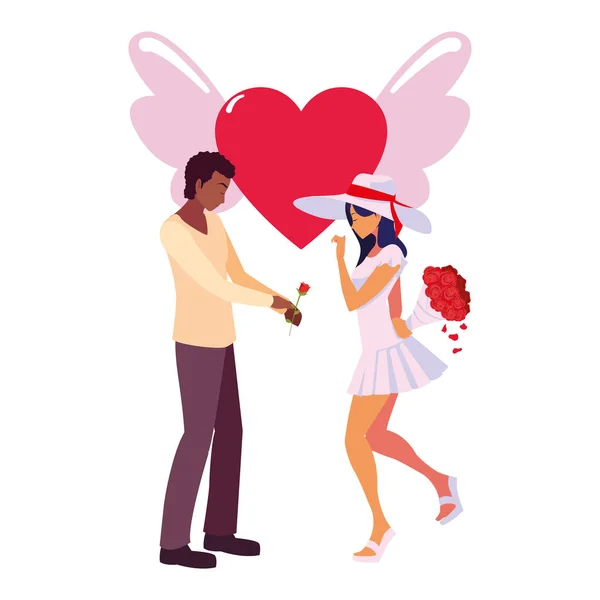 Casal flores românticas coração amor asas —  Vetores de Stock