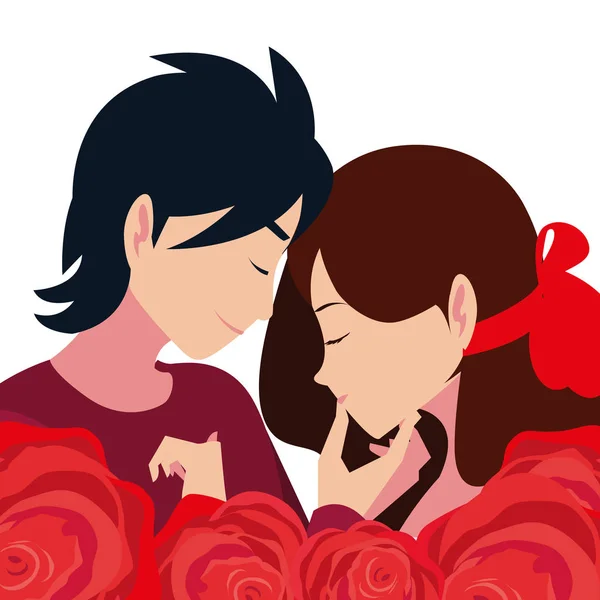 Casal romântico abraçando flores rosas —  Vetores de Stock