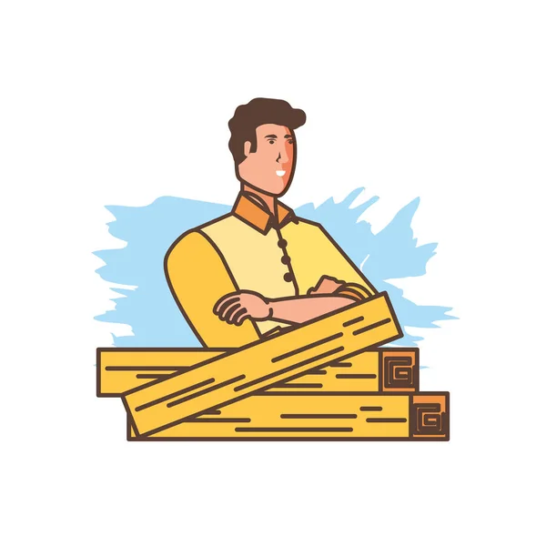 Ouvrier charpentier homme avec bois — Image vectorielle