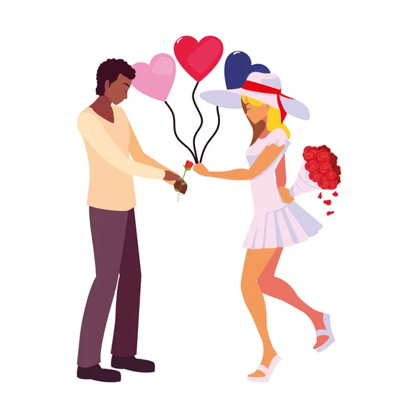 Casal amor balão flores romântico —  Vetores de Stock