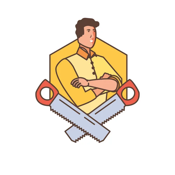 Ouvrier construction homme avec scies outils — Image vectorielle