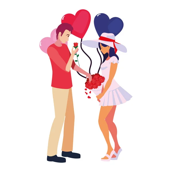 Ζευγάρι αγάπη μπαλόνι λουλούδια ρομαντική — Διανυσματικό Αρχείο