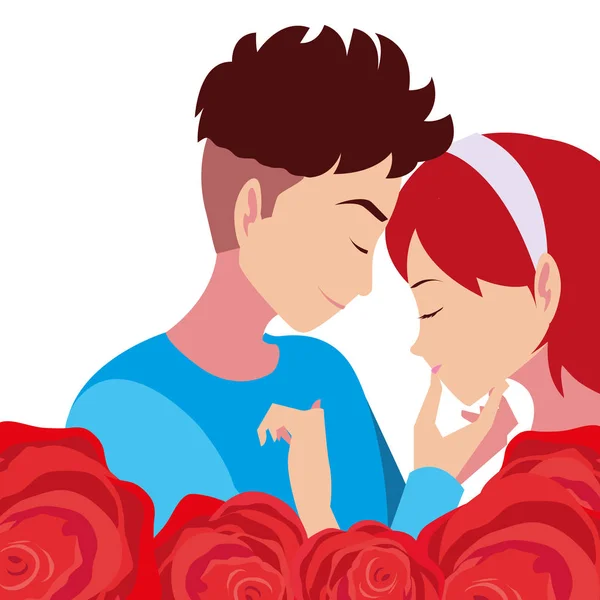 Ρομαντικό ζευγάρι αγκαλιάζει λουλούδια τριαντάφυλλα — Διανυσματικό Αρχείο