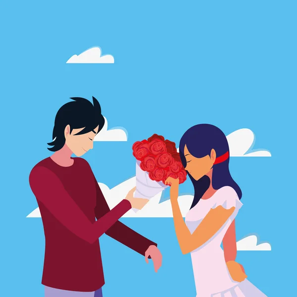 Hombre dando flores de ramo una mujer — Vector de stock