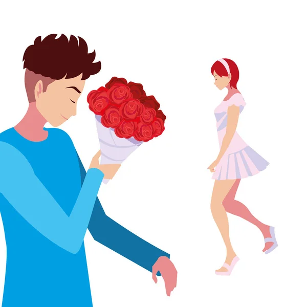 Homem dando flores de buquê uma mulher —  Vetores de Stock