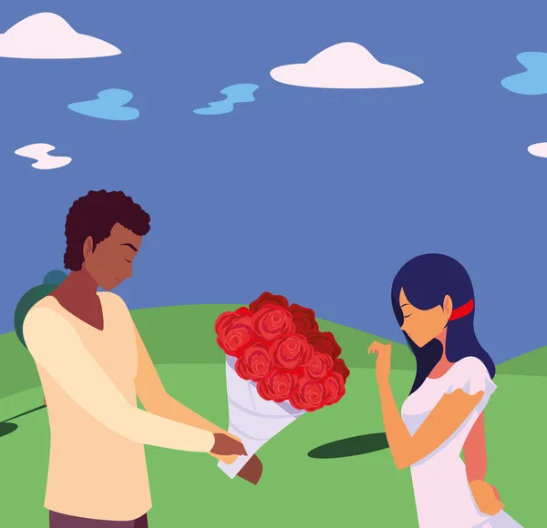 Homem dando flores de buquê uma mulher —  Vetores de Stock