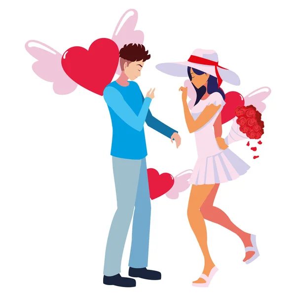 Casal flores românticas coração amor asas —  Vetores de Stock