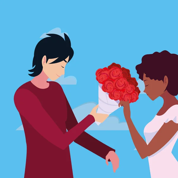 Hombre dando flores de ramo una mujer — Vector de stock