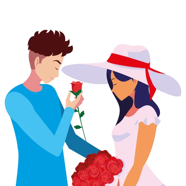 Homem dando flores de buquê uma mulher — Vetor de Stock