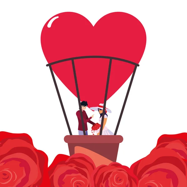 Casal romance viagem balão de ar quente —  Vetores de Stock