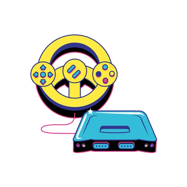 Ретро відеоігрова консоль з автомобільним колесом — стоковий вектор