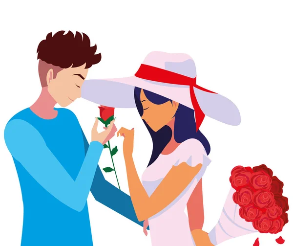 Homem dando flores de buquê uma mulher —  Vetores de Stock