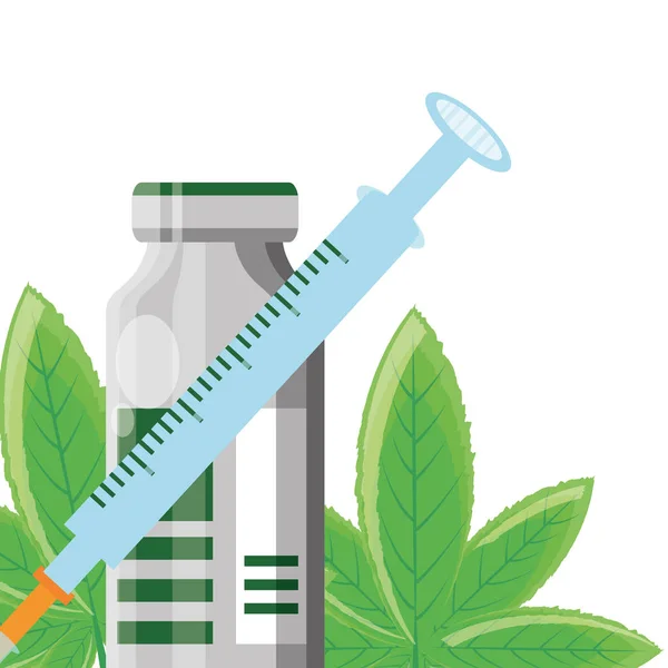 Bouteille de cannabis produit avec pilules et seringue — Image vectorielle