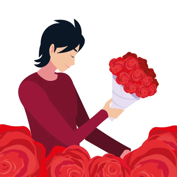 Romantische man met boeket bloemen — Stockvector