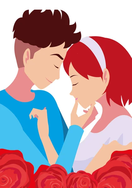 Pareja romántica abrazando flores rosas — Vector de stock