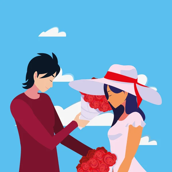 Hombre dando flores de ramo una mujer — Vector de stock