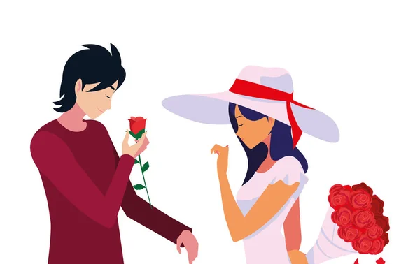 Hombre dando flores de ramo una mujer — Vector de stock