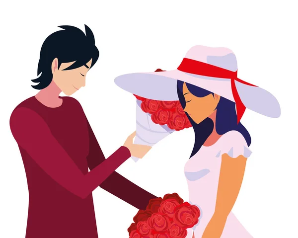 Man geeft boeket bloemen een vrouw — Stockvector