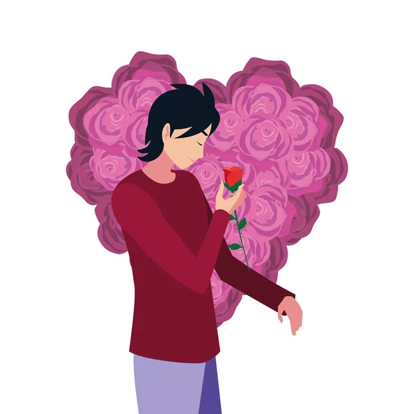 Man met Rose en bloemen vorm hart — Stockvector