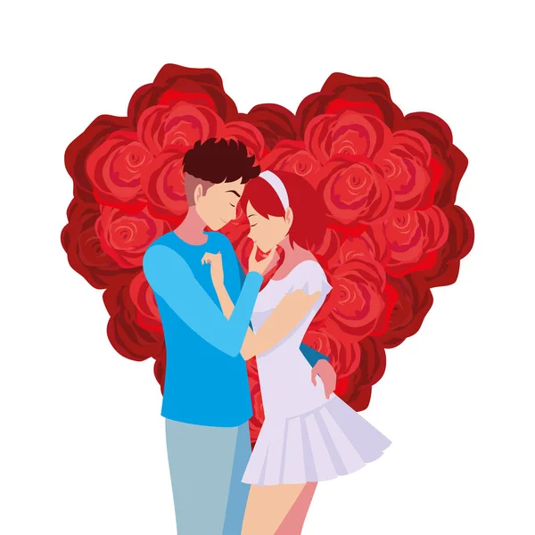 Pareja romántico flores forma corazón amor — Vector de stock