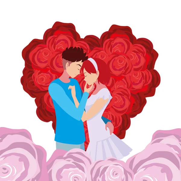 Casal flores românticas forma coração amor —  Vetores de Stock