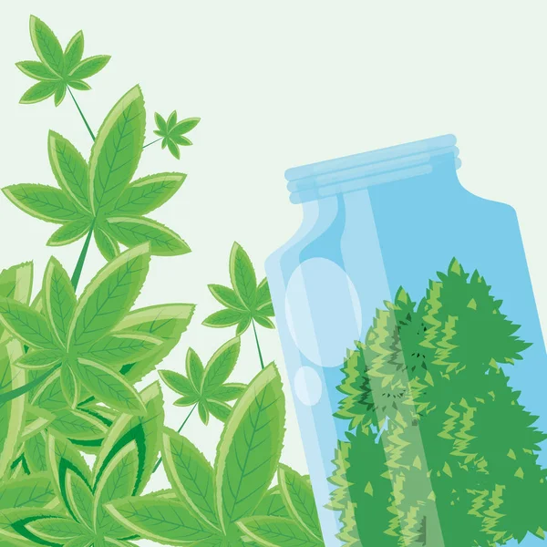 葉の植物と大麻ボトル — ストックベクタ