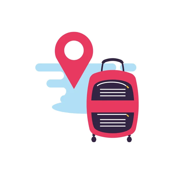 Equipo de maleta de viaje con ubicación pin — Vector de stock