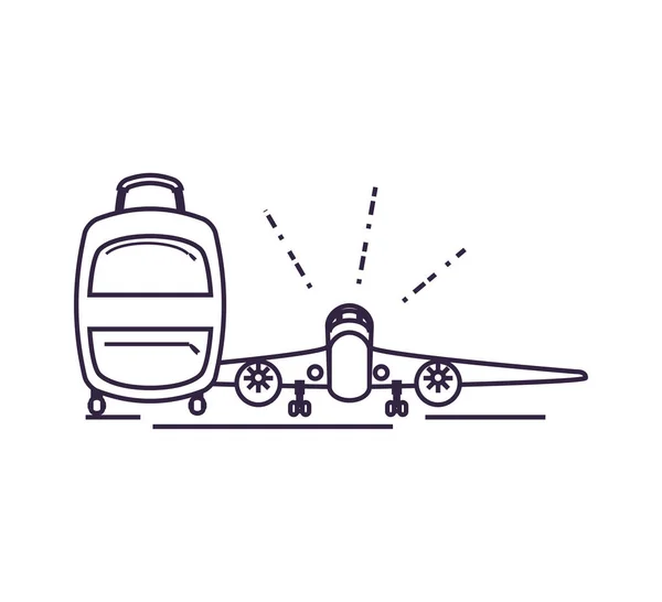 Travel suitcase equipment with airplane flying — Stock Vector