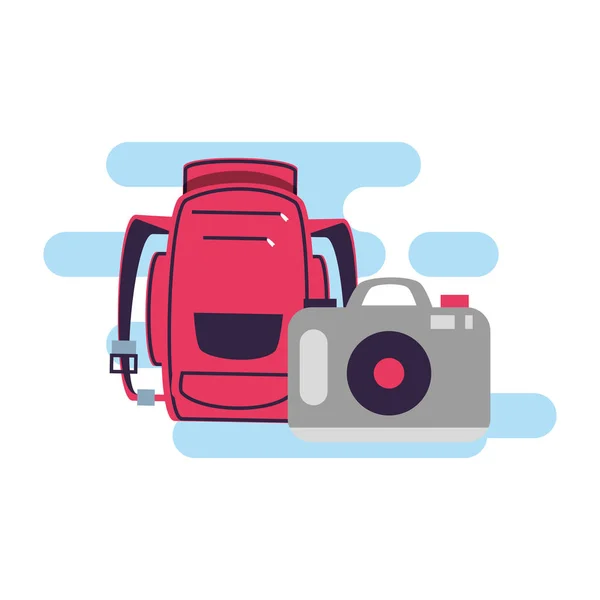 Equipo de bolsa de viaje con cámara fotográfica — Vector de stock