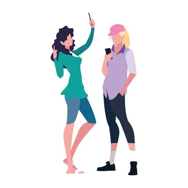 Two women using smartphone talking — Stock Vector