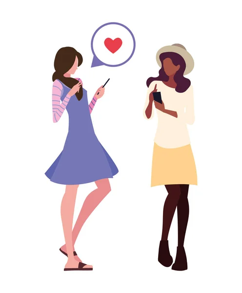 Two women characters using smartphone — Stock Vector