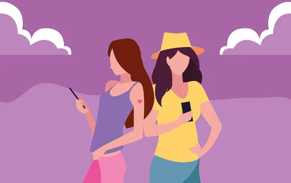 Zwei Frauen im Smartphone-Gespräch — Stockvektor