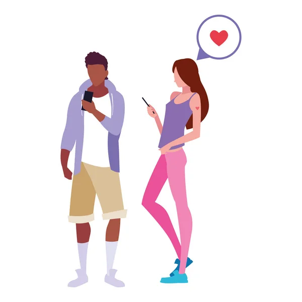 Чоловік і жінка символи за допомогою смартфона — стоковий вектор